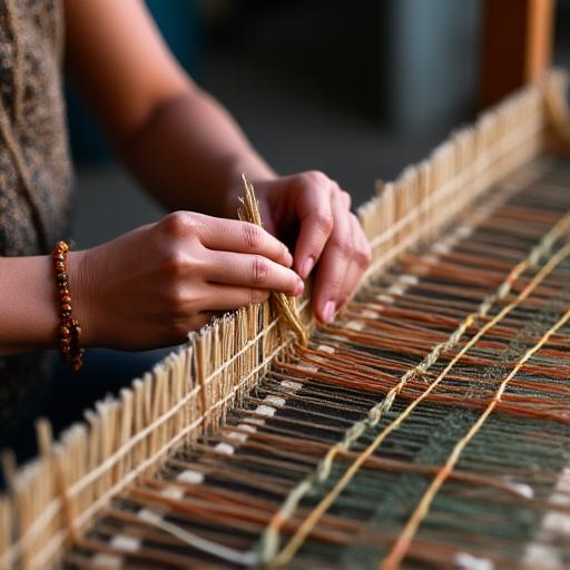 Manos artesanas tejiendo en telar tradicional colombiano